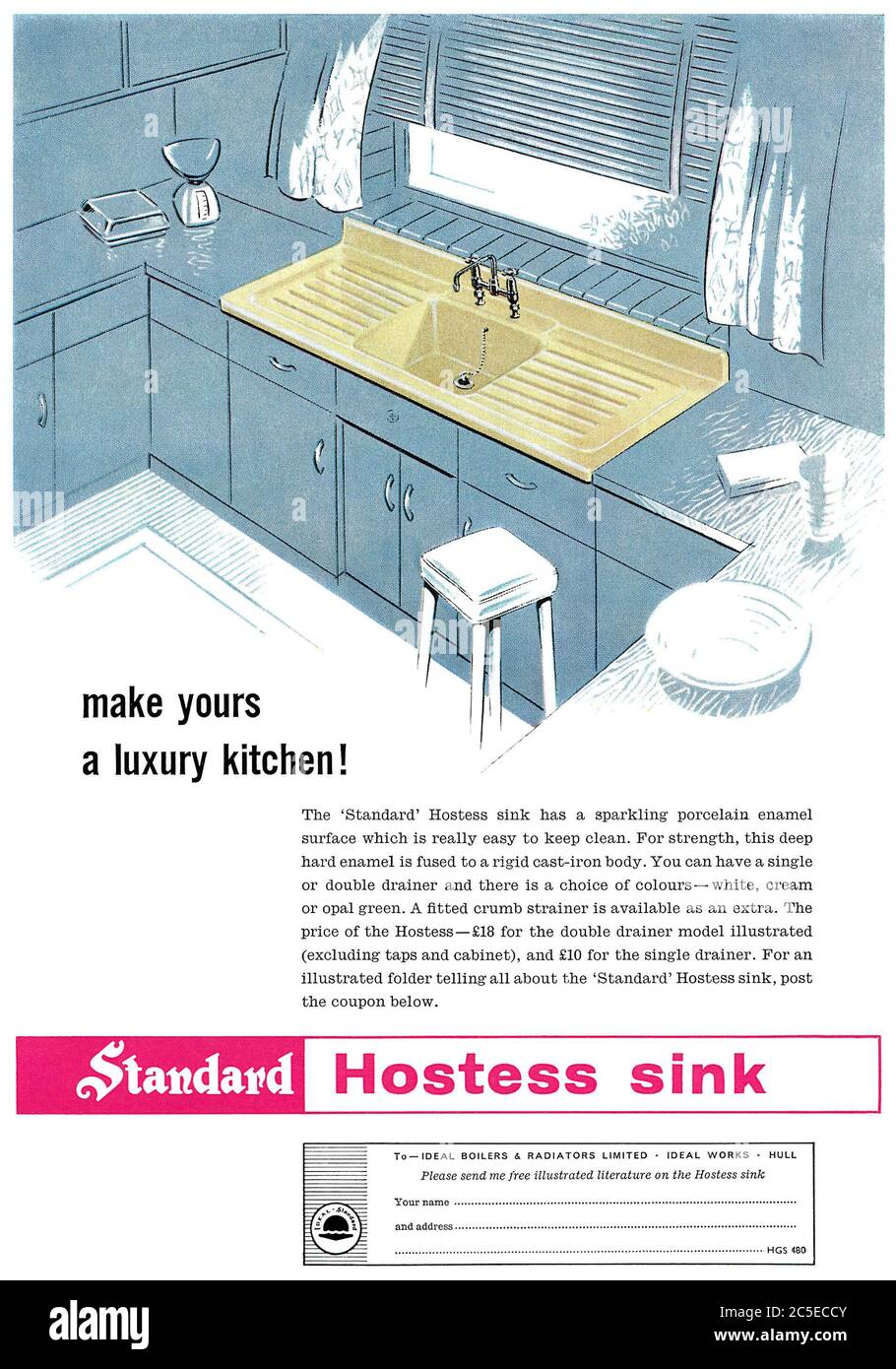 1960 British advertisement for the Standard Hostess enamel kitchen sink. Stock Photo