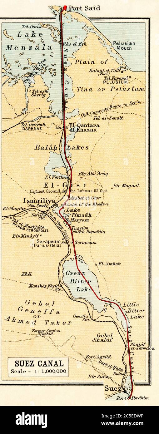 Map showing the Suez Canal, a man-made sea-level waterway in Egypt, which connects the Mediterranean Sea to the Red Sea through the Isthmus of Suez.  From The Business Encyclopaedia and Legal Adviser, published 1907. Stock Photo
