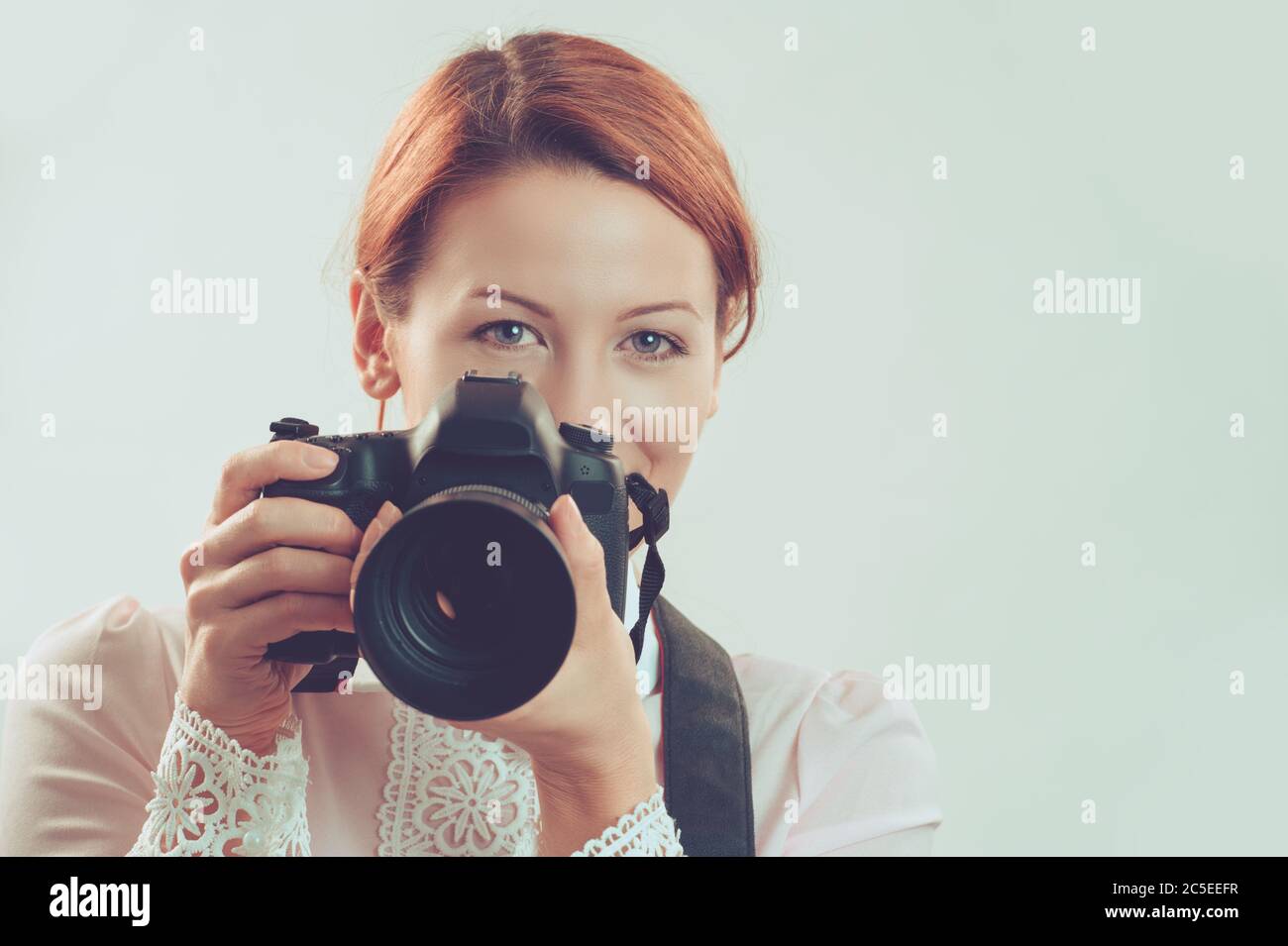Photographer. Closeup portrait head shot young woman lady girl taking ...