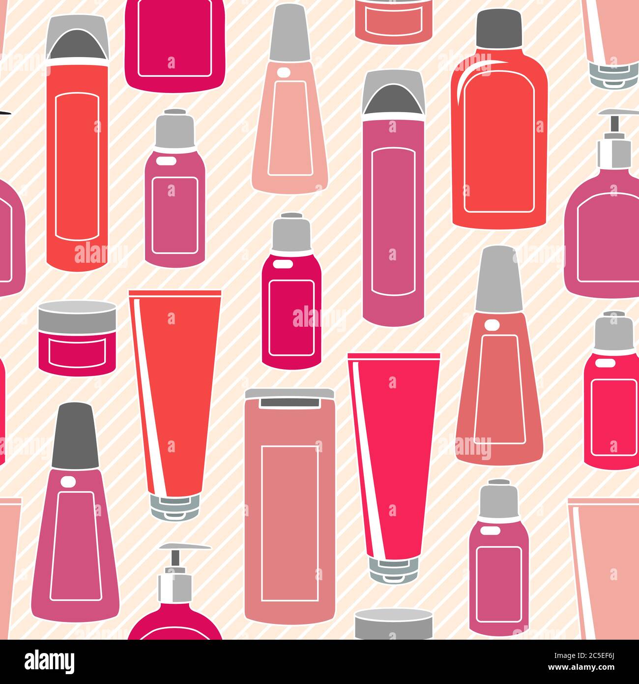 Seamless pattern with cosmetics bottles over striped background Stock Vector
