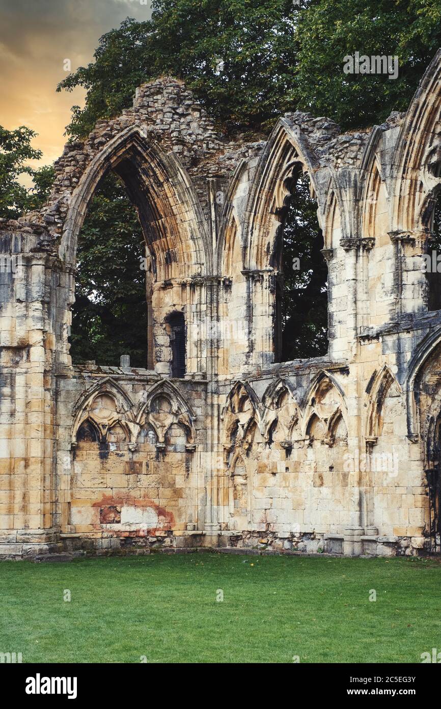 Ruins of an old medieval abbey in the english city of York - at sunset Stock Photo