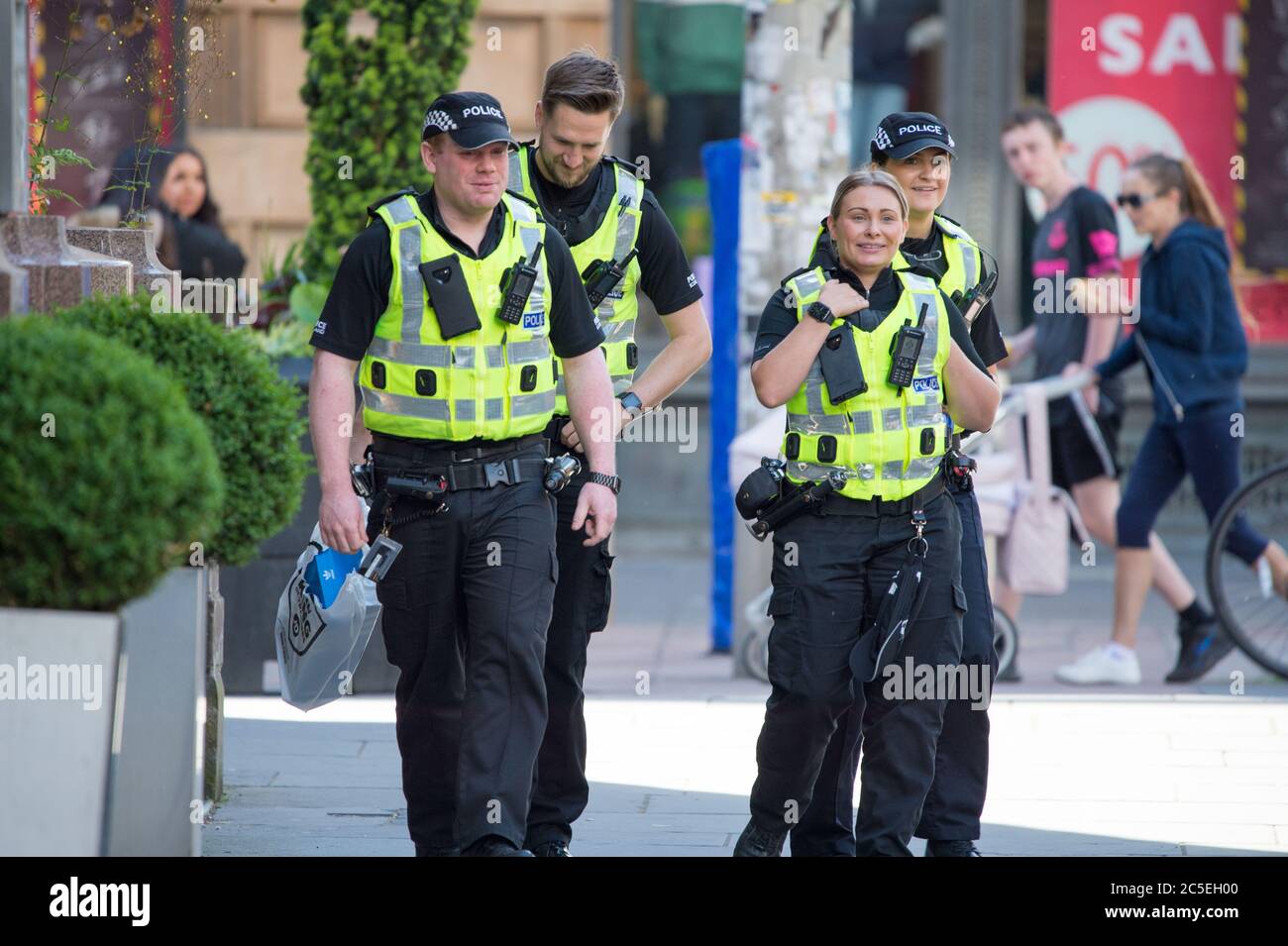 Glasgow, Scotland, UK. 2nd July, 2020. Pictured: Police officers are called to attend a suspect package which was reported on the corner of Buchanan Street and ST Vincent Street in Glasgow. Credit: Colin Fisher/Alamy Live News Stock Photo