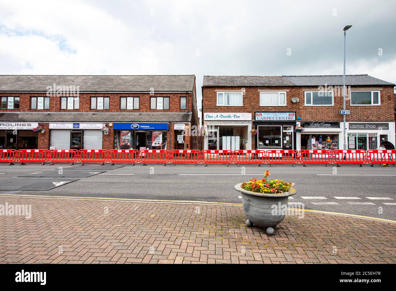 Blocked parking spaces for social distance, coronavirus COVID-19 in town centre of Sandbach Cheshire UK Stock Photo