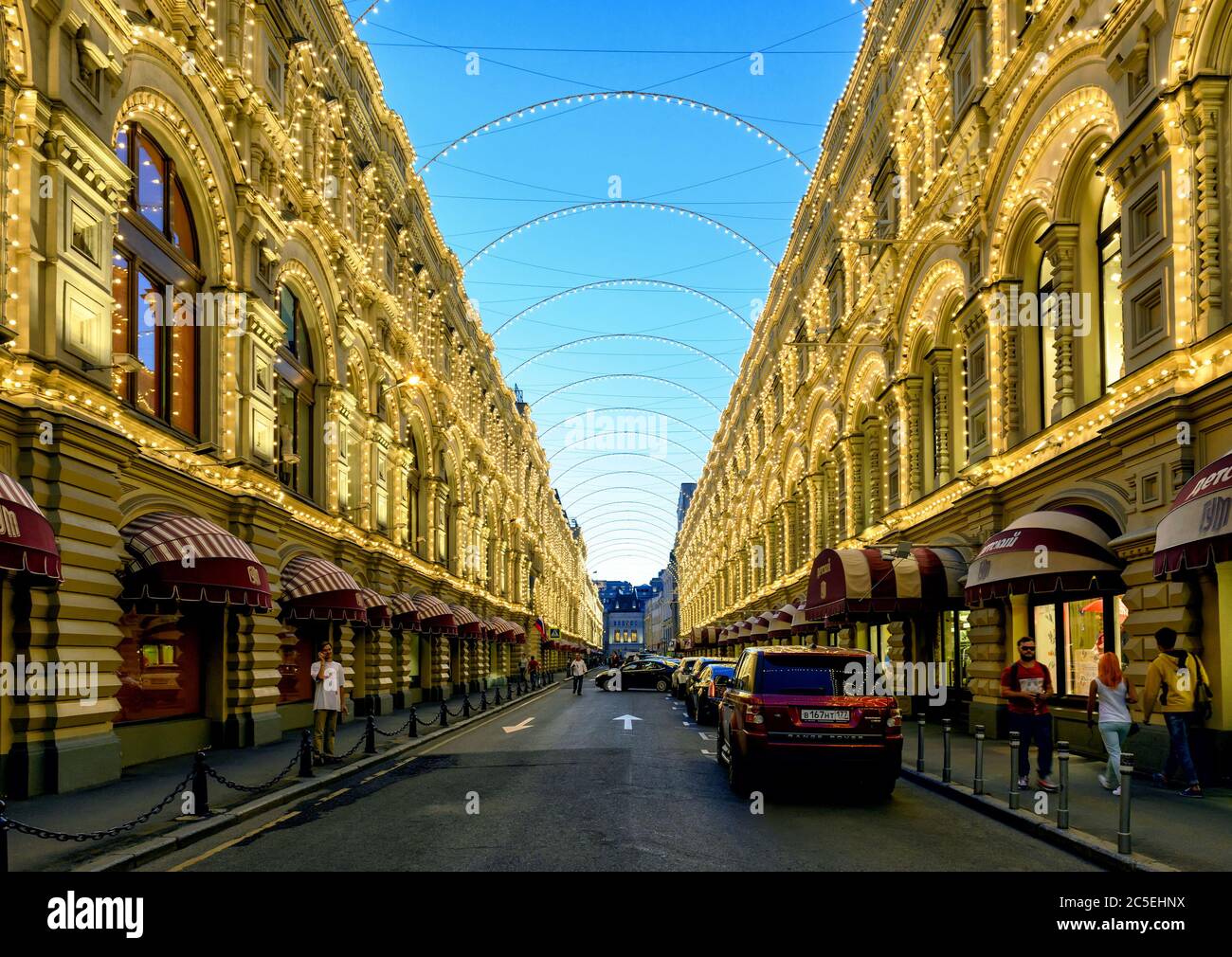 MOSCOW - AUGUST 21, 2015: Night lighting GUM (main department store) on the Red Square in Moscow. GUM - one of the oldest supermarkets in the city. Stock Photo