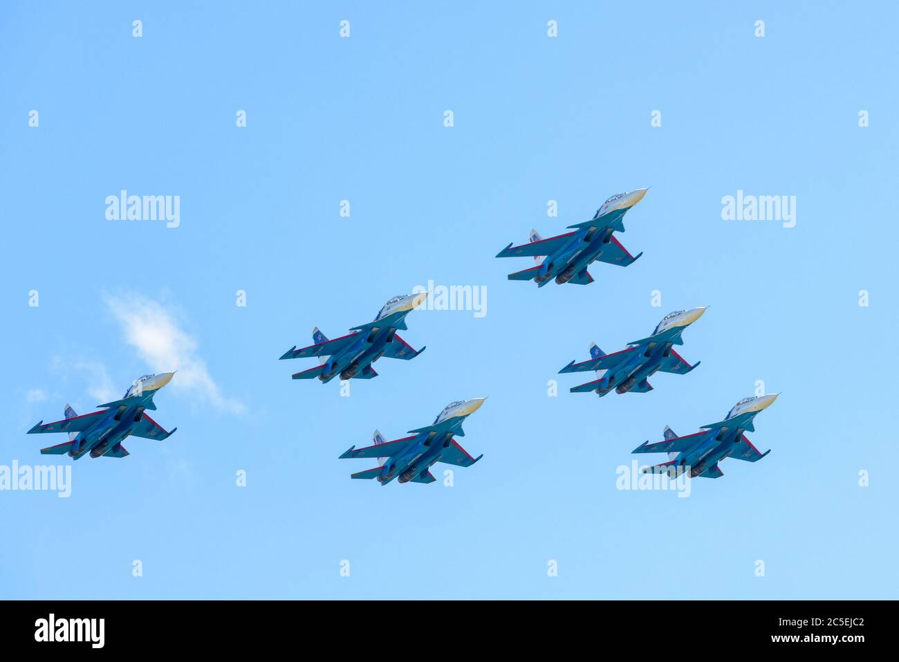 Moscow Region - July 21, 2017: Aerobatic display team Russian Knights on Su-30SM at the International Aviation and Space Salon (MAKS) in Zhukovsky. Stock Photo
