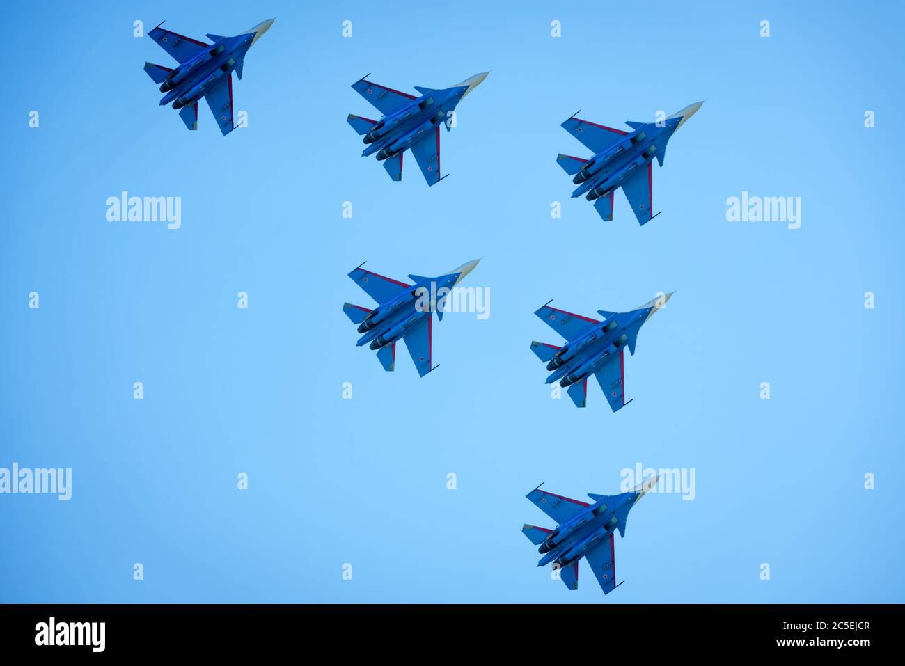Aerobatic display team 'Russian Knights' on Su-30SM at the International Aviation and Space Salon (MAKS) in Zhukovsky. Stock Photo