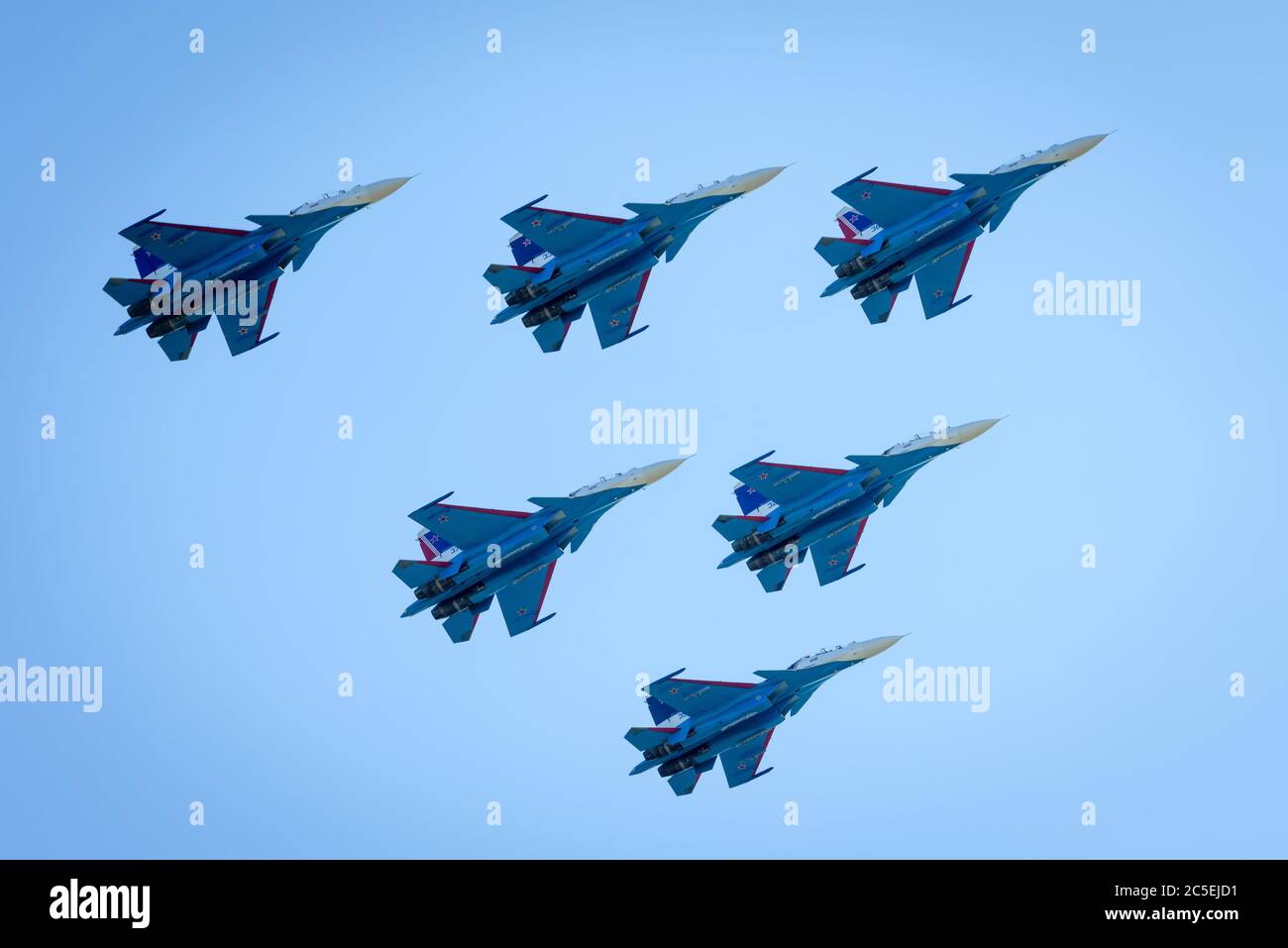 Moscow Region - July 21, 2017: Aerobatic display team 'Russian Knights' on Su-30SM at the International Aviation and Space Salon (MAKS) in Zhukovsky. Stock Photo
