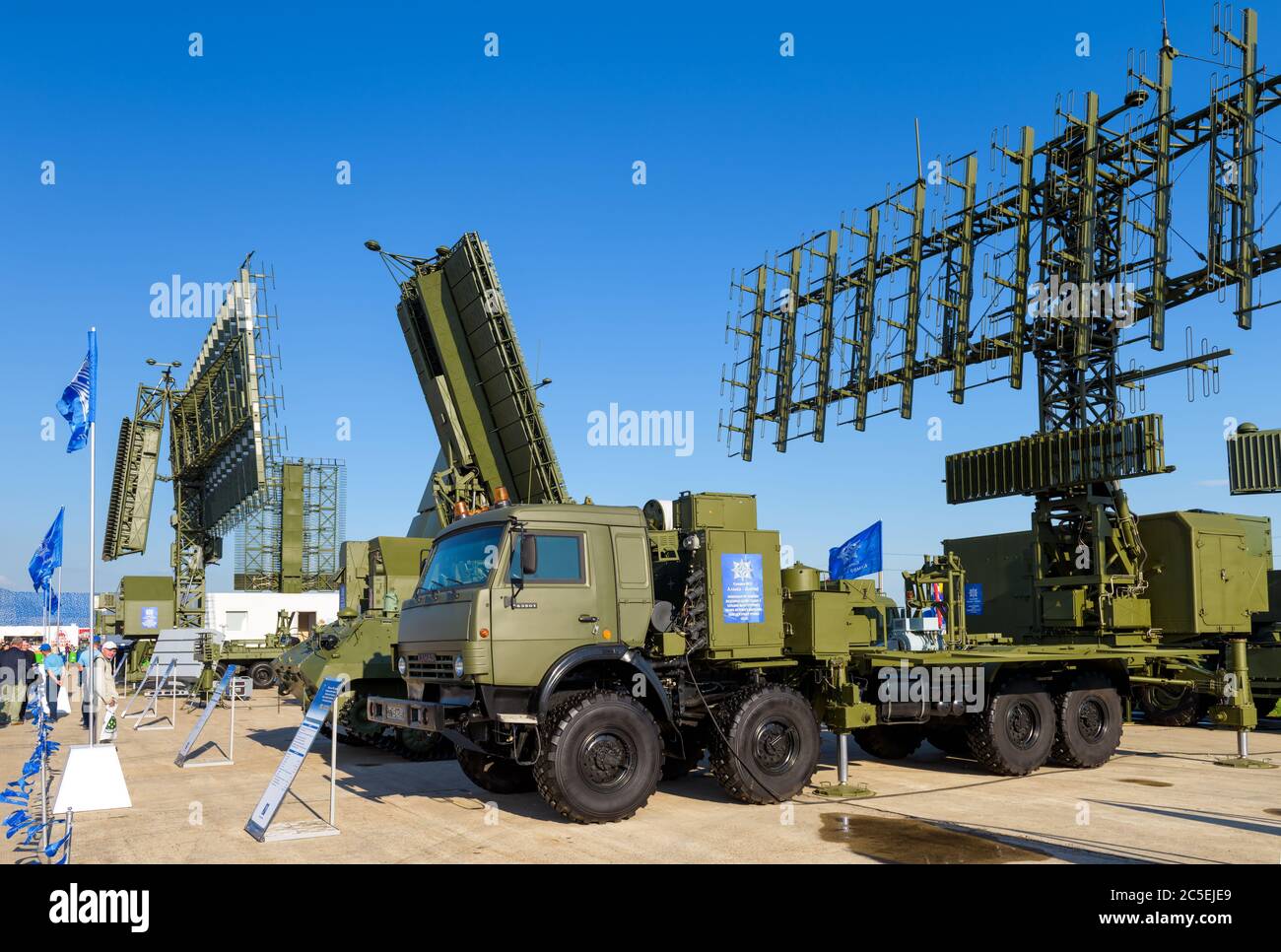 Moscow Region - July 21, 2017: Modern Russian military mobile radar stations at the International Aviation and Space Salon (MAKS). Stock Photo