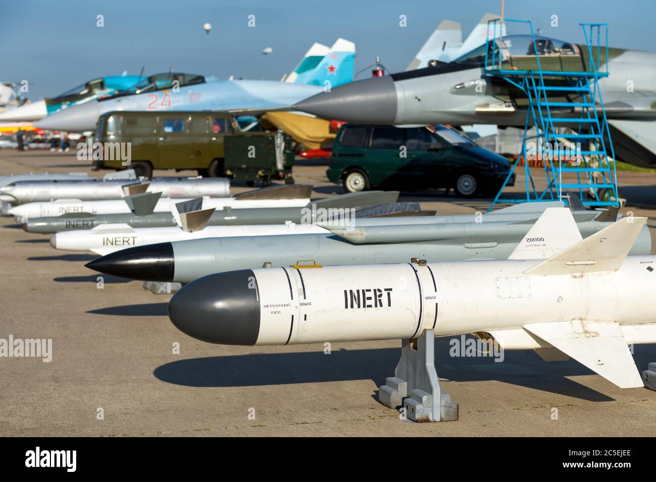 Moscow Region - July 21, 2017: Bombs and missiles for the russian air fighter at the International Aviation and Space Salon (MAKS) in Zhukovsky. Stock Photo