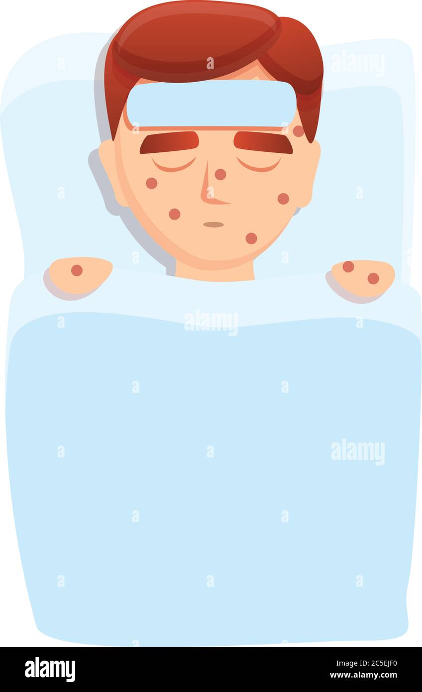 Measles kid in bed icon. Cartoon of measles kid in bed vector icon for web design isolated on white background Stock Vector