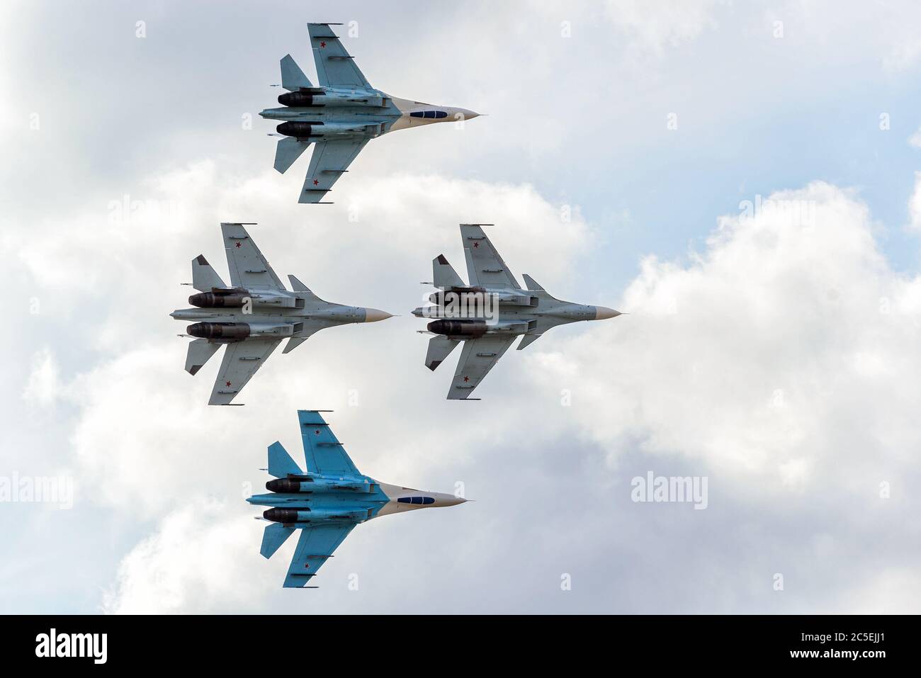 Aerobatic display team 'Falcons of Russia' on Su-27 and Su-34 at the International Aviation and Space Salon (MAKS) Stock Photo