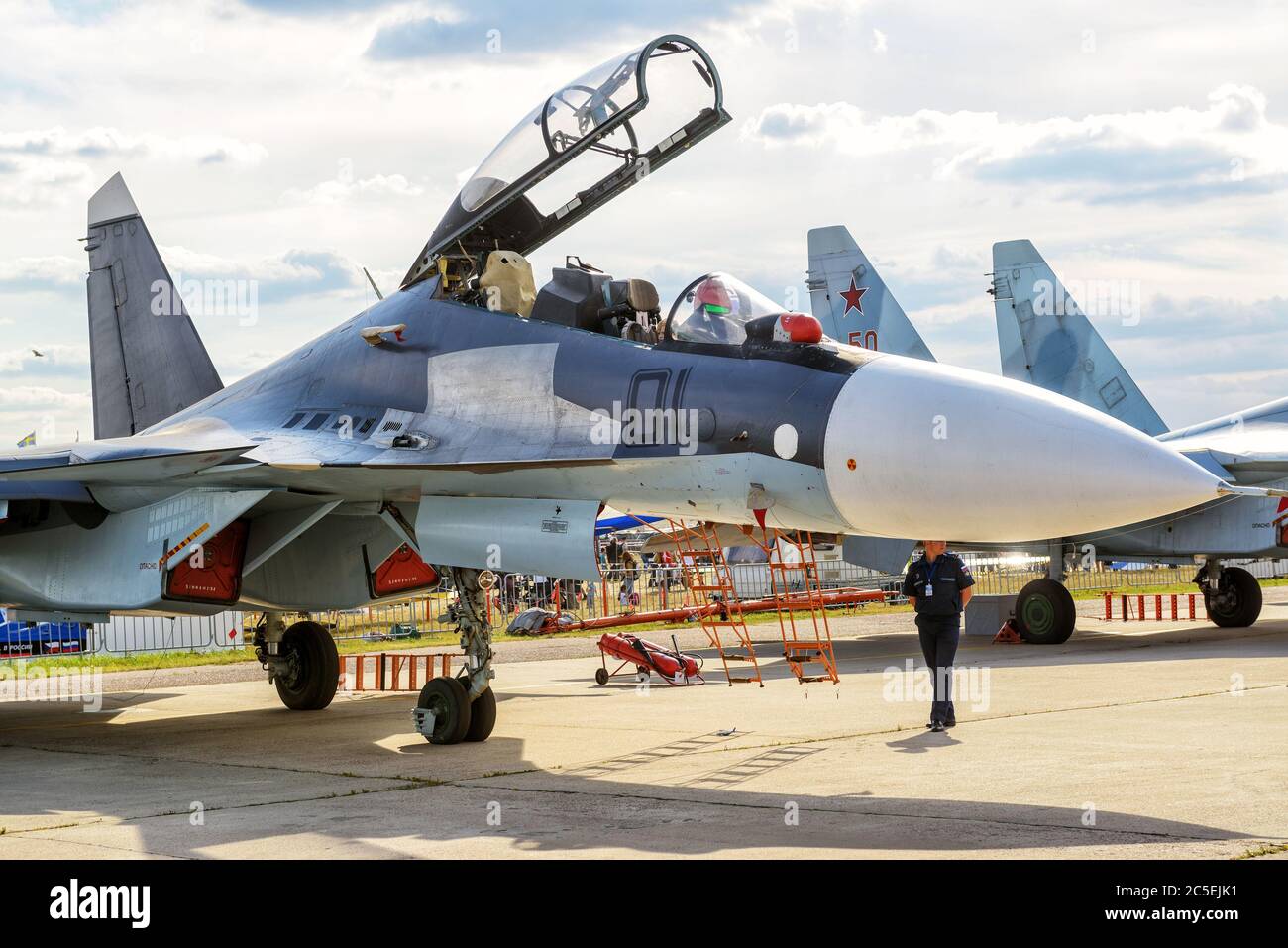 MOSCOW REGION - AUGUST 28, 2015: Russian multirole fighter Sukhoi Su-30 'Flanker-C' at the International Aviation and Space Salon (MAKS) in Zhukovsky. Stock Photo