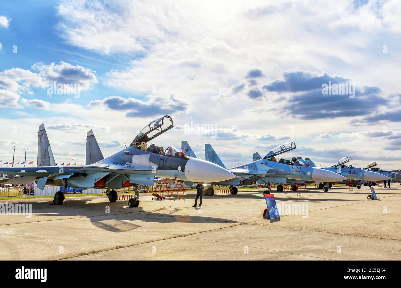 MOSCOW REGION - AUGUST 28, 2015: Russian strike fighters Sukhoi su-30 and su-34 at the International Aviation and Space Salon (MAKS) in Zhukovsky. Stock Photo