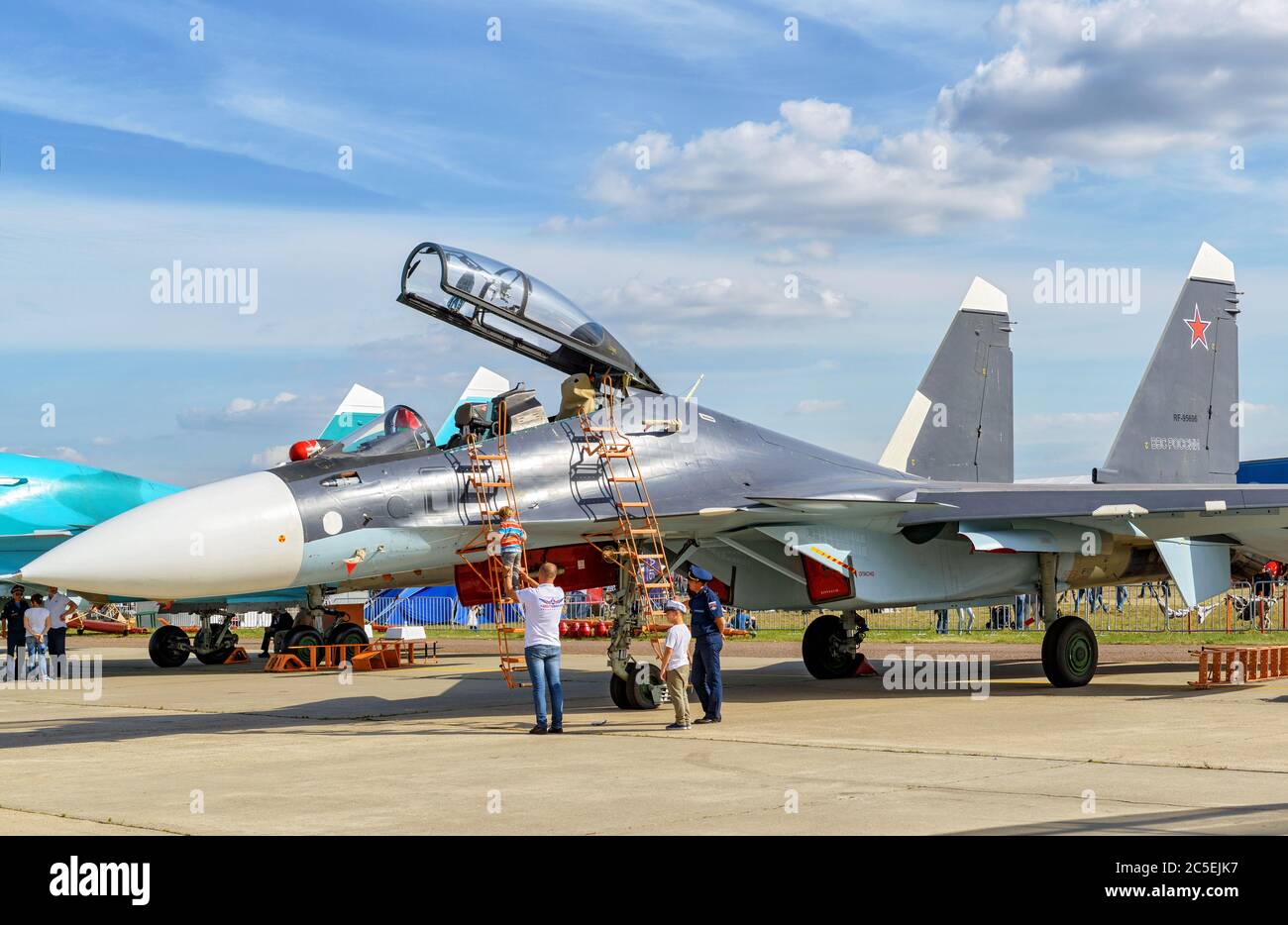 MOSCOW REGION - AUGUST 28, 2015: Russian multirole fighter Sukhoi Su-30 'Flanker-C' at the International Aviation and Space Salon (MAKS). Stock Photo
