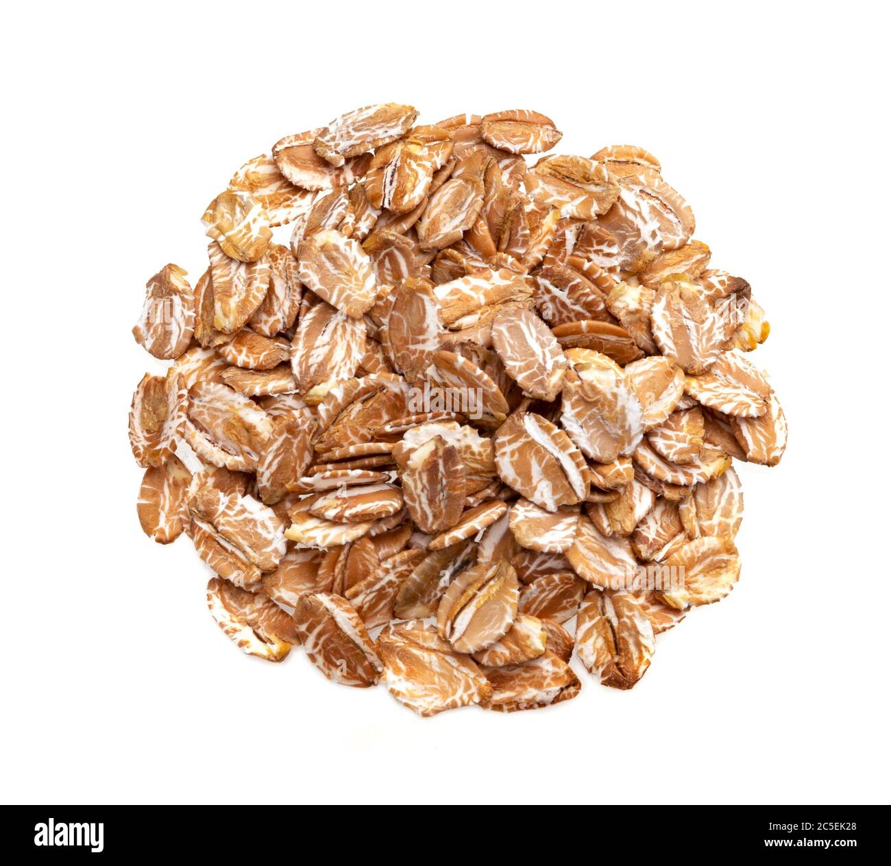 Pile of oat rye flakes isolated on white background, top view Stock Photo