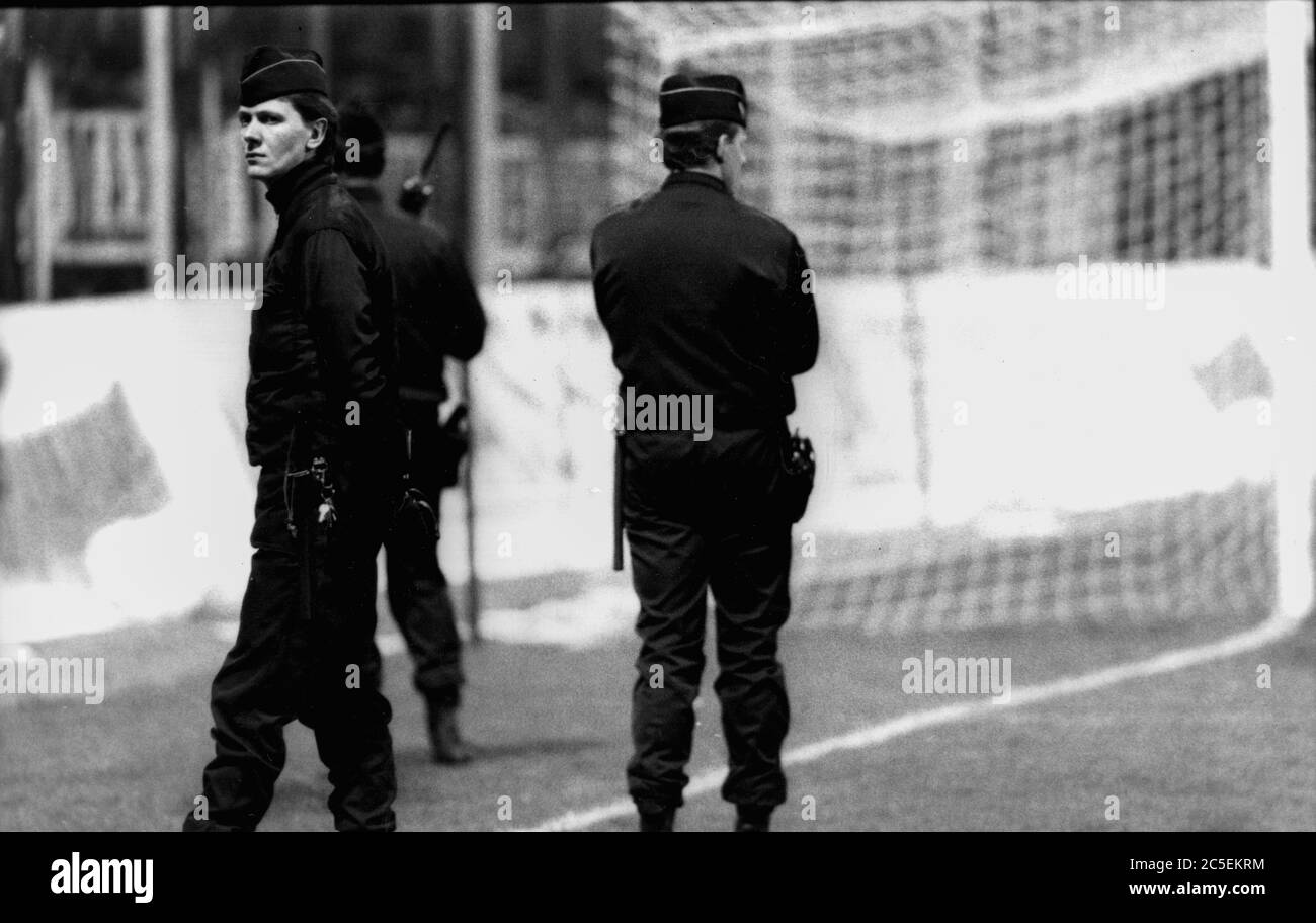 Riot police officers stand on Gerland stadium's lawn, Lyon, France Stock Photo