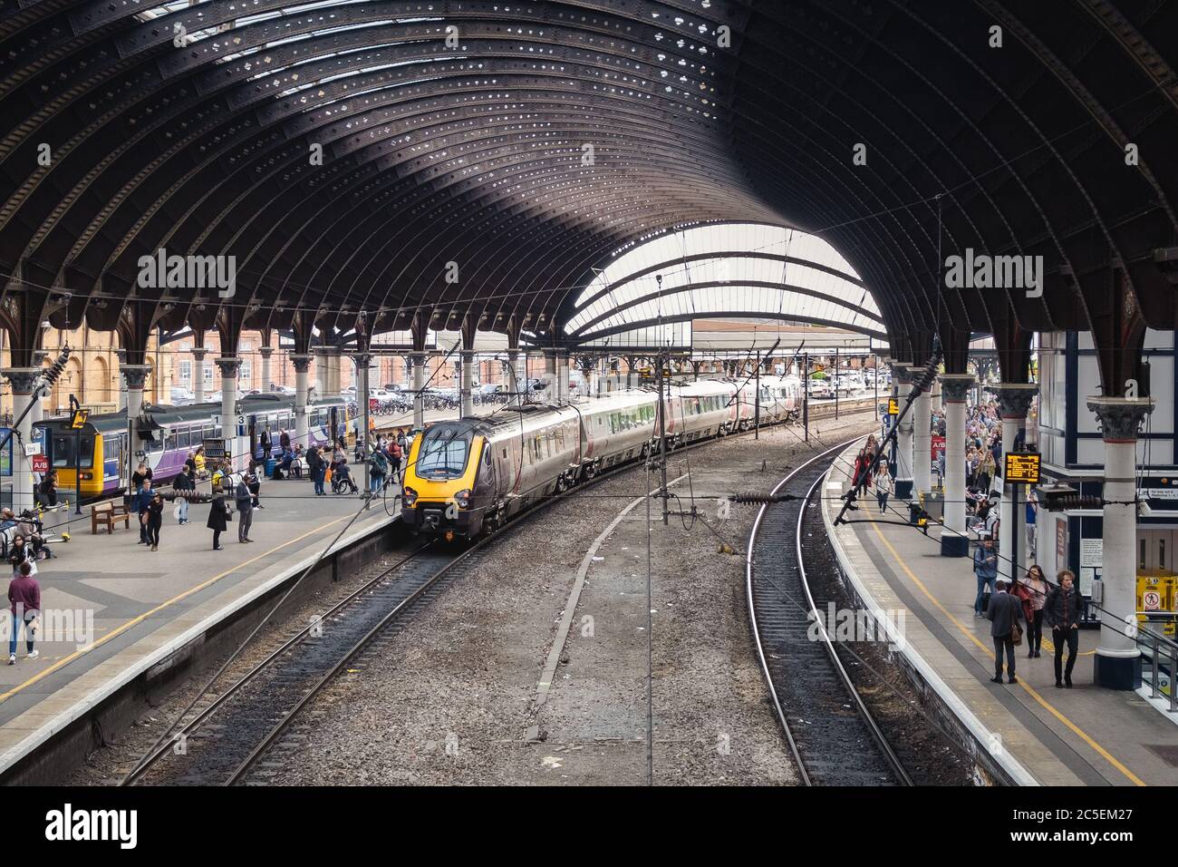 Train arriving at the York railway station Stock Photo