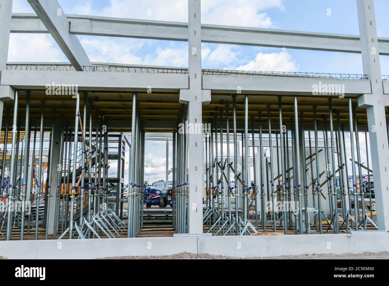 Construction site with precast concrete columns and beams Stock Photo
