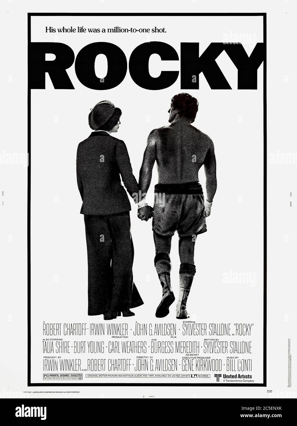 Rocky (1976) directed by John G. Avildsen and starring Sylvester Stallone, Talia Shire, Burt Young and Carl Weathers. Rocky Balboa makes the most of his chance to star in an exhibition match with the heavyweight champion Apollo Creed in this highly successful rage to riches love story. Stock Photo