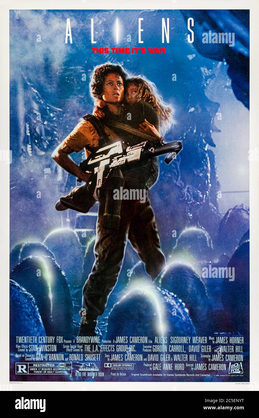 Aliens (1986) directed by James Cameron and starring Sigourney Weaver, Michael Biehn, Carrie Henn and Michael Biehn. Ripley returns and this time it's war in this fantastic sequel to Alien. Game over man, game over! Stock Photo