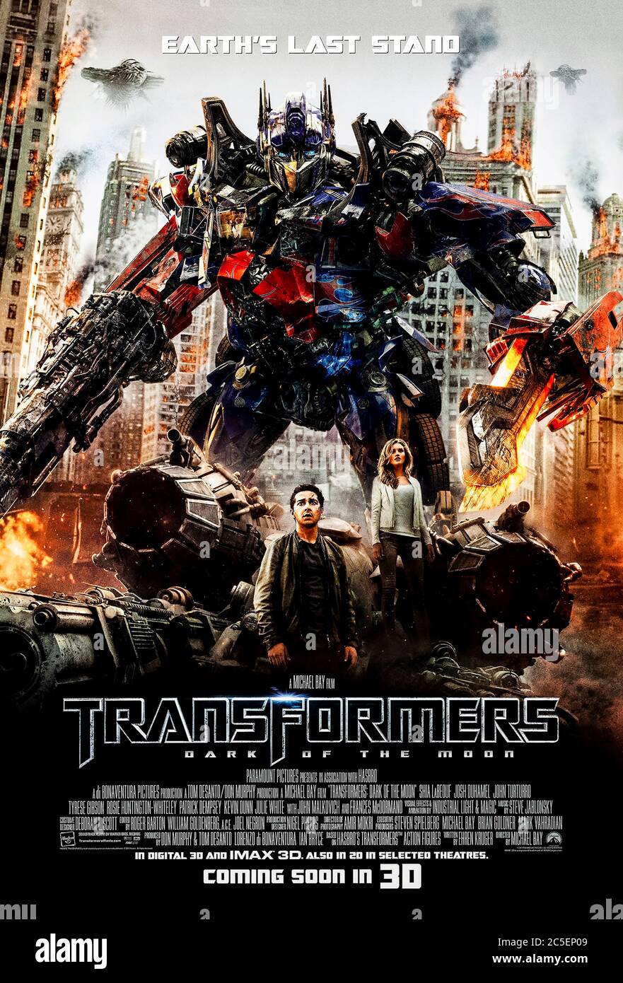 Transformers: Dark of the Moon (2011) directed by Michael Bay and starring Shia LaBeouf, Rosie Huntington-Whiteley, Tyrese Gibson and John Malkovich. The Autobots and Decepticons race to get to a spacecraft from Cybertron found on the moon. Stock Photo