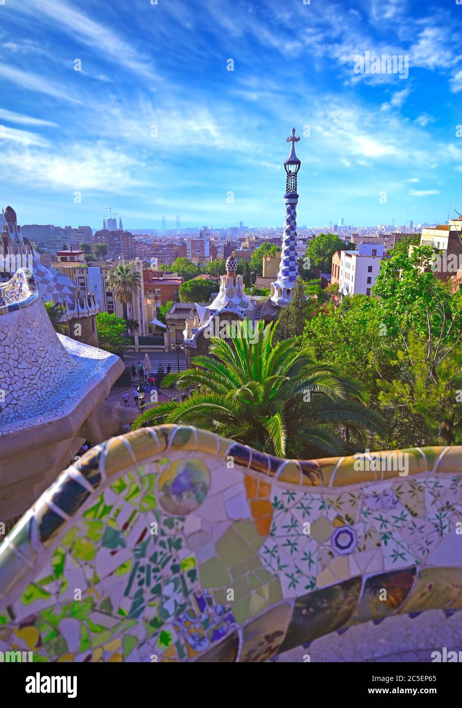 June 16, 2019 - Barcelona, Spain - Park Guell (1914) is the famous architectural town art designed by Antoni Gaudi located in Barcelona, Spain. Stock Photo