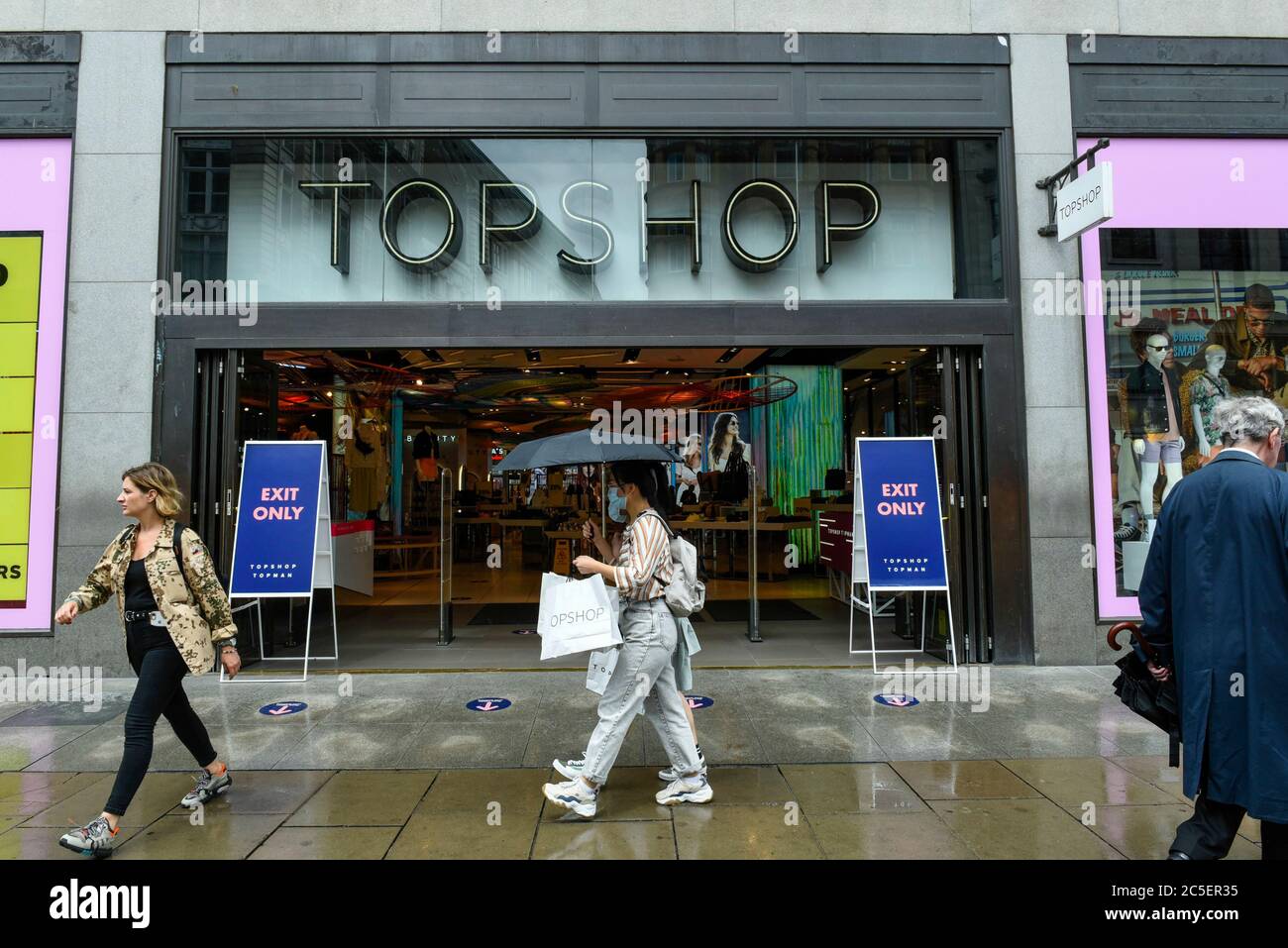 London, UK. 2 July 2020. Exterior of the Topshop flagship store on Oxford  Street. Arcadia Group, owner of Topshop, Burton and Miss Selfridge, has  announced that 500 of its 2,500 head office