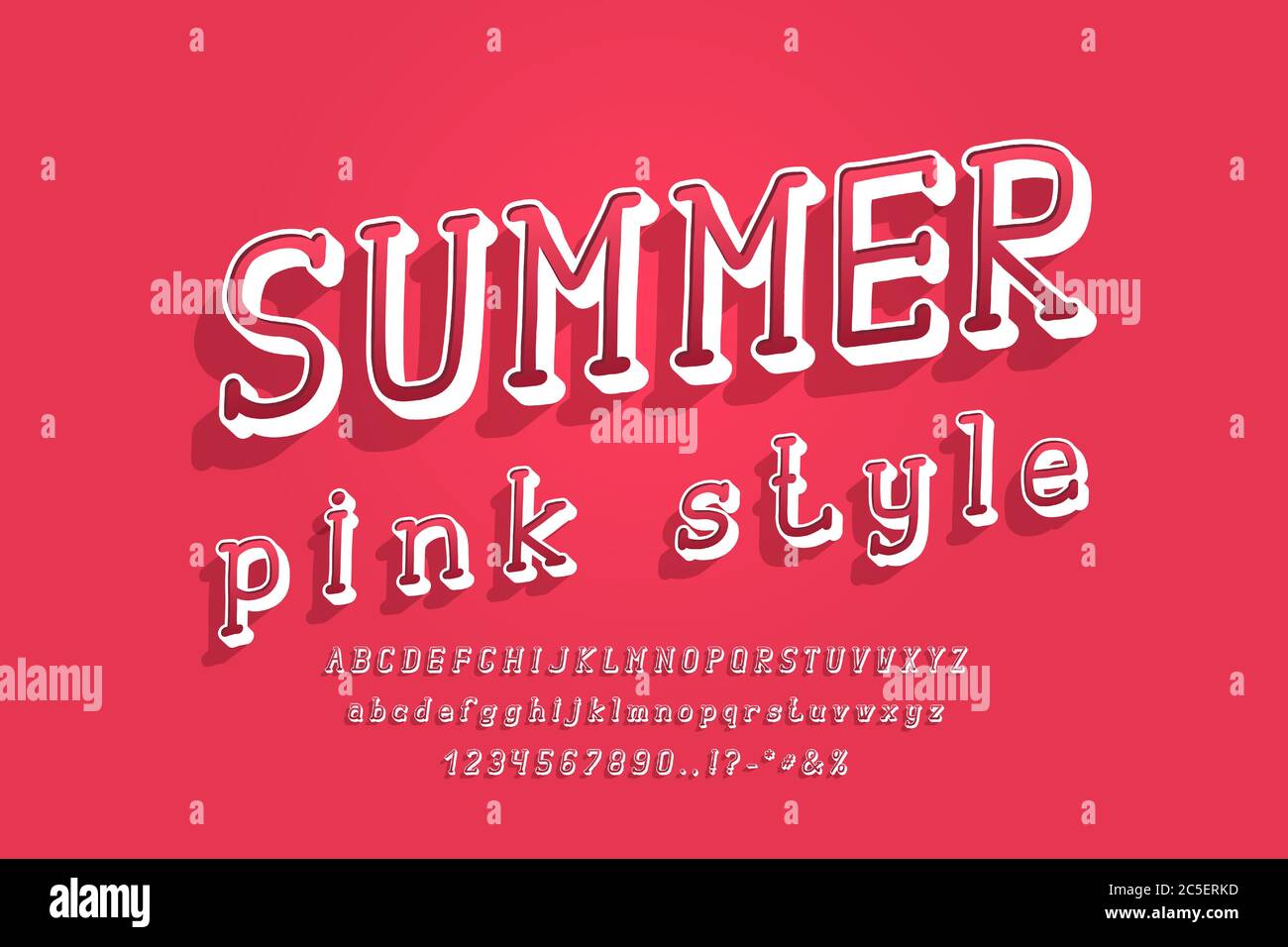 Summer pink style 3D alphabet bright modern color. Uppercase and lowercase letters, numbers, punctuation marks. Stylized retro typeface Italic serif Stock Vector