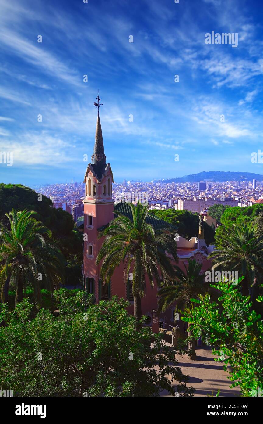 June 16, 2019 - Barcelona, Spain - Park Guell (1914) is the famous architectural town art designed by Antoni Gaudi located in Barcelona, Spain. Stock Photo