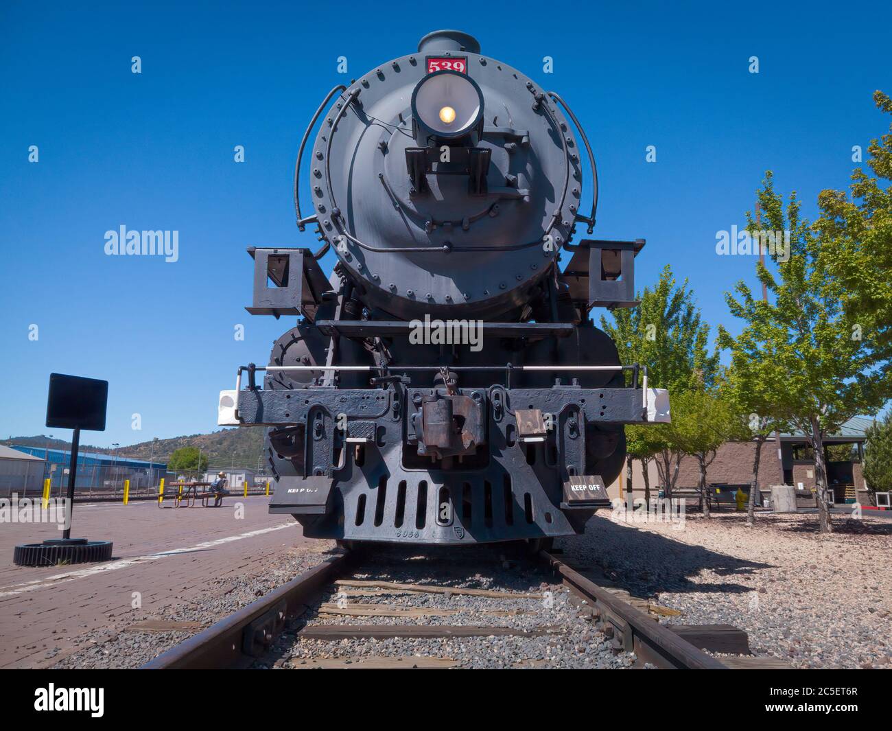 Williams Arizona USA: Steam locomotive train on Grand Canyon Railway Stock Photo