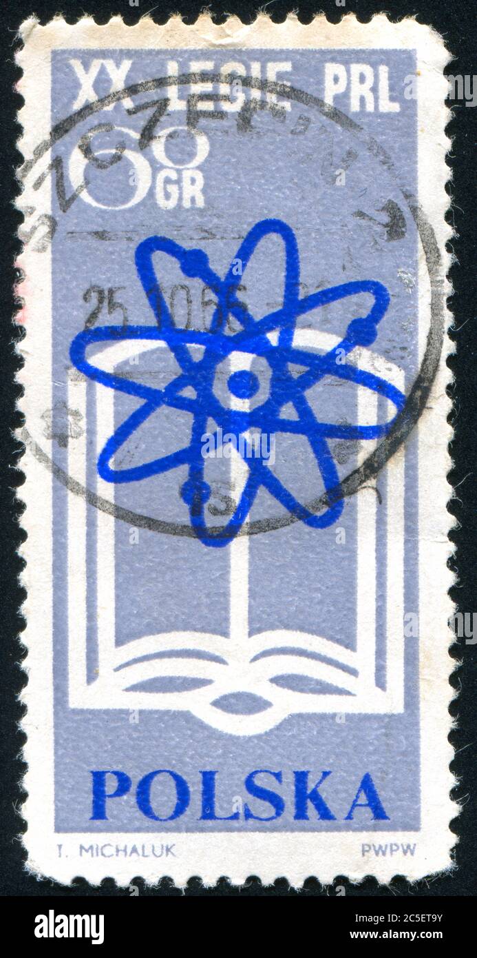 POLAND - CIRCA 1965: stamp printed by Poland, shows atomic symbol, circa 1965. Stock Photo