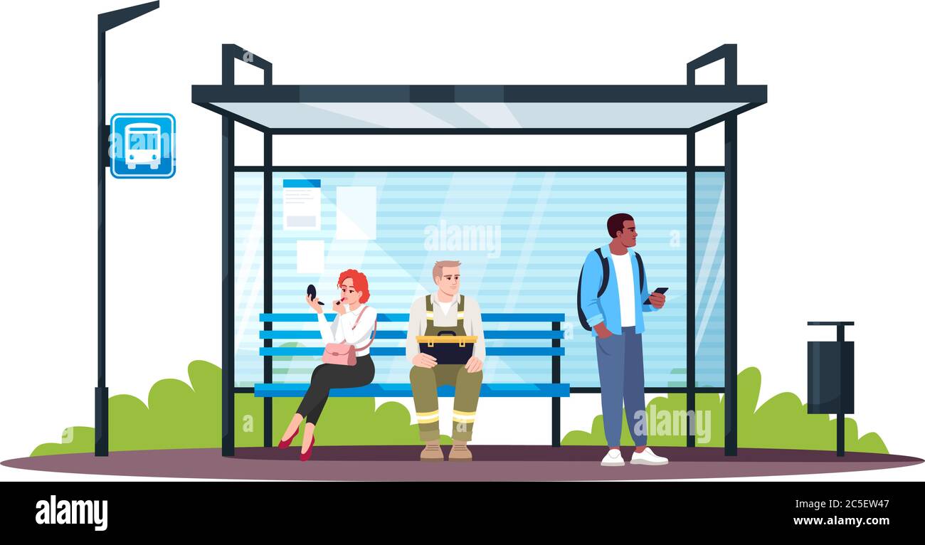 People sitting at bus station semi flat RGB color vector illustration
