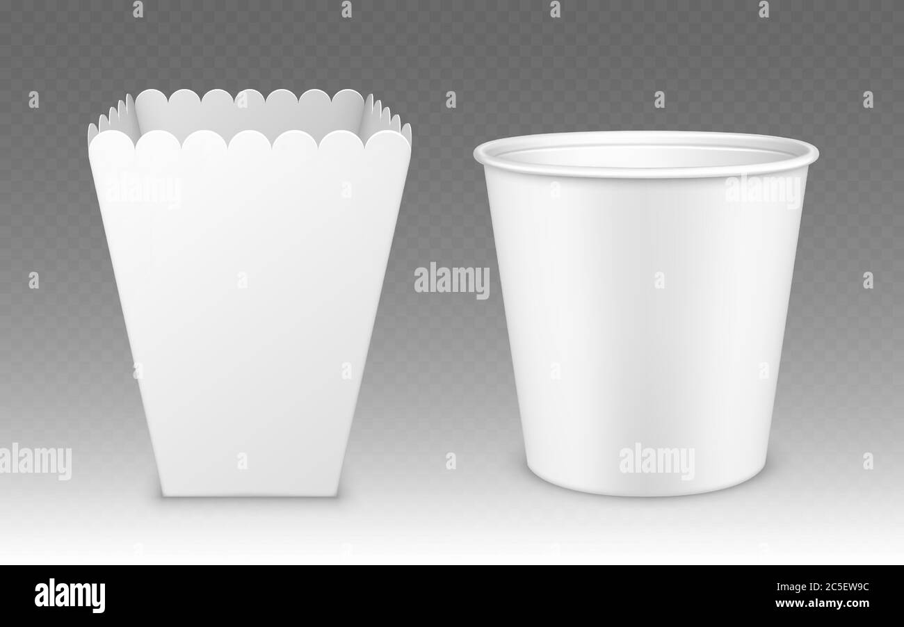 Blank bucket for popcorn, chicken wings or legs white mockup isolated on transparent background. Empty pail fastfood , paper hen bucketful design, food boxes rendering, Realistic 3d vector mock up Stock Vector