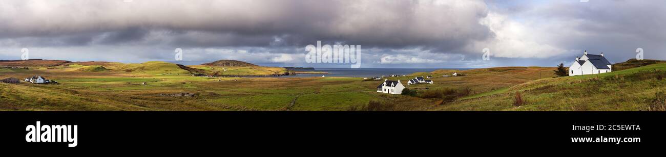 Panorama of the countryside and cottages typical to the Isle of Skye, Inner Hebrides, Scotland Stock Photo