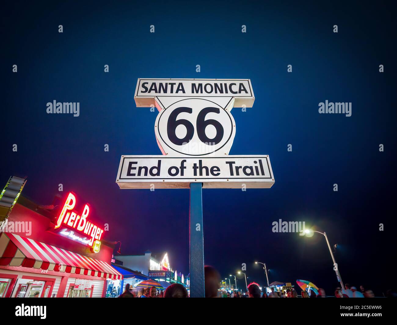Famous Sign at Santa Monica Pier in Southern California at night Stock Photo