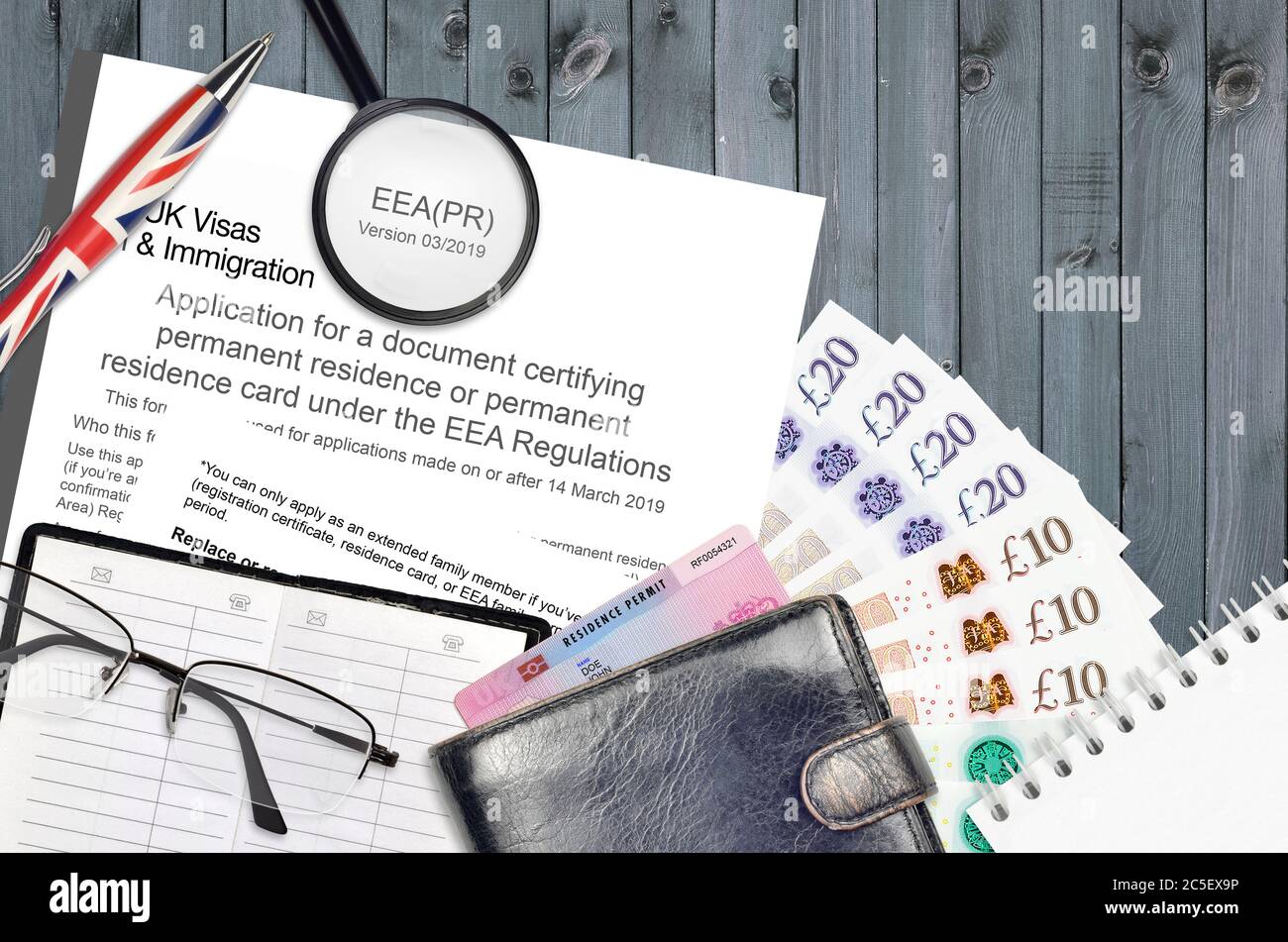 English form EEA PR application for a document certifying permanent residence or permanent residence card under the EEA regulations from UK visas and Stock Photo