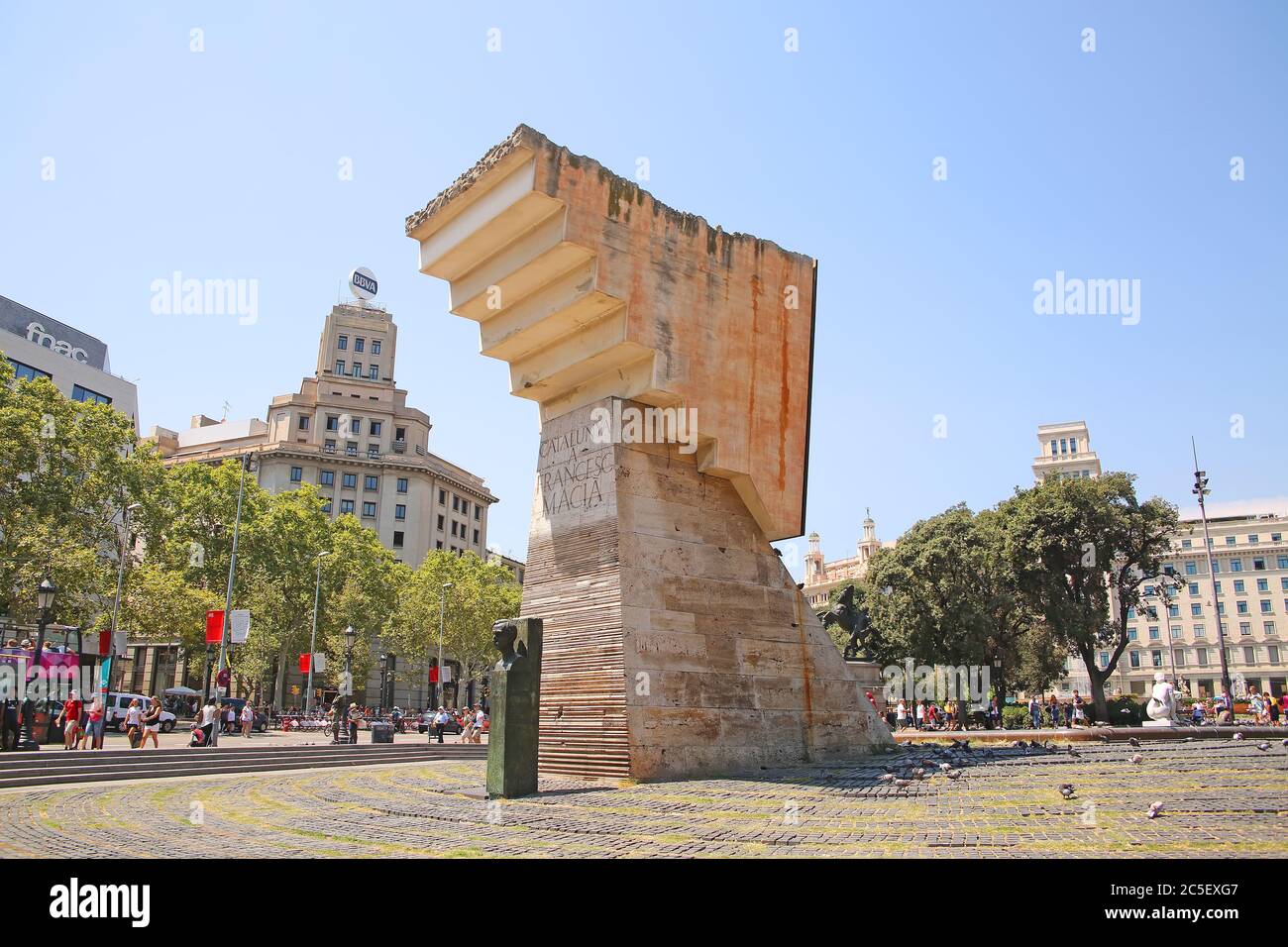 Beautiful sculpture at the center of the city in the downtown area, Placa de Catalunya or Catalonia Square, Barcelona, Spain. Stock Photo