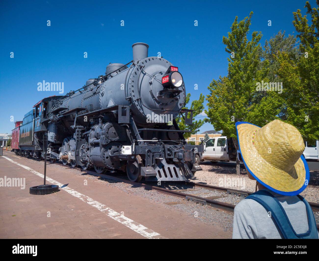 Williams Arizona USA: Steam locomotive train on Grand Canyon Railway Stock Photo