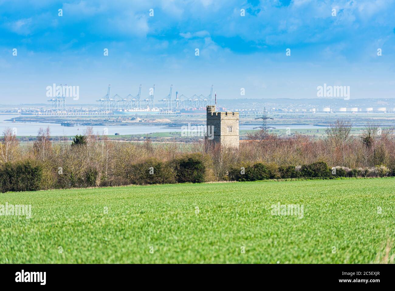 St Mary's Church in Chalk near Gravesend in Kent, England. Thames estuary and Essex can be seen in the distance Stock Photo