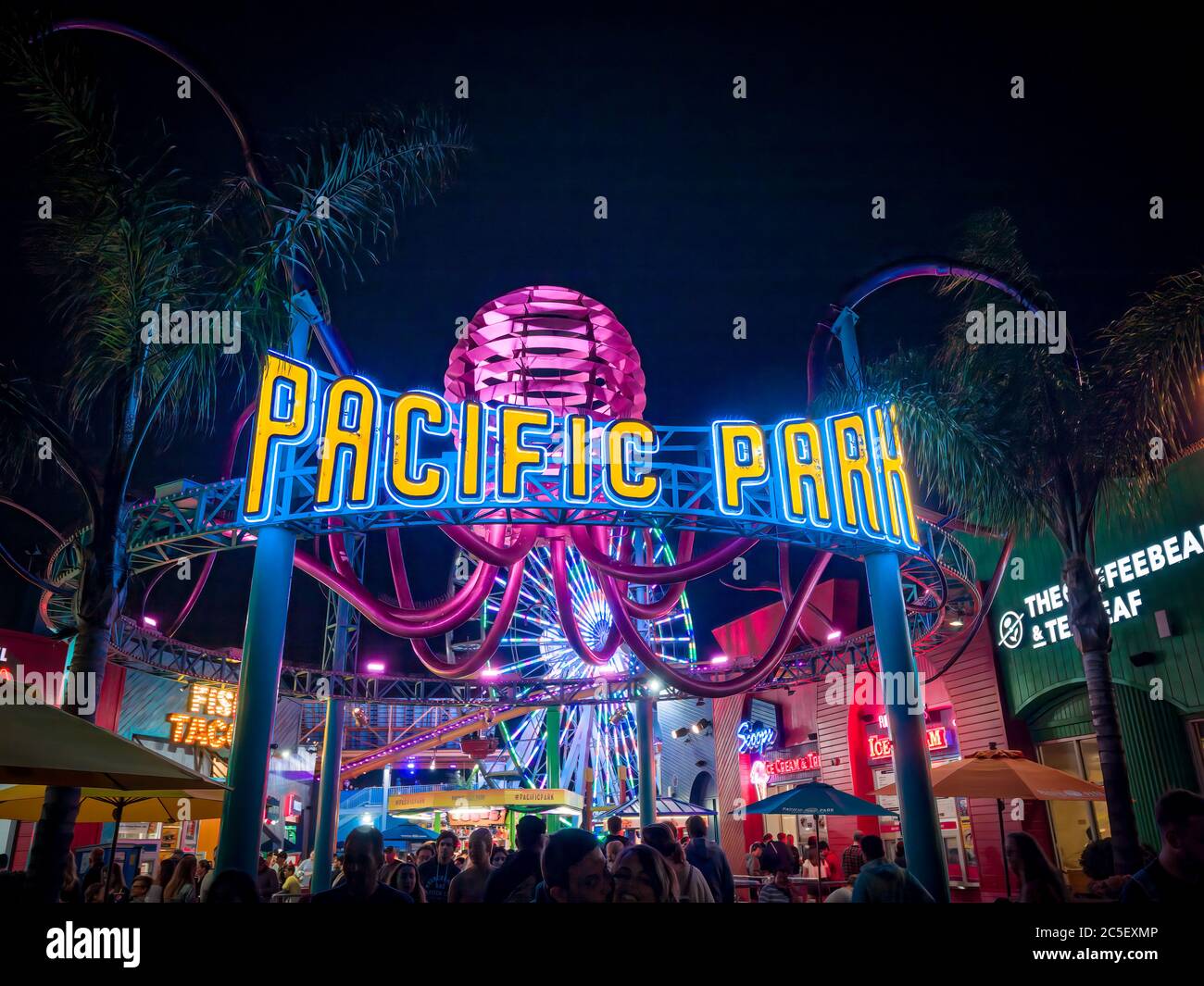 Pacific Park at night on Santa Monica Pier in Southern California Stock Photo