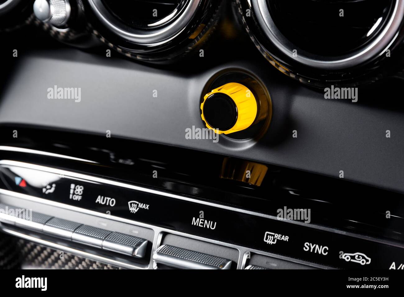 Car interior details, close up dashboard with buttons Stock Photo