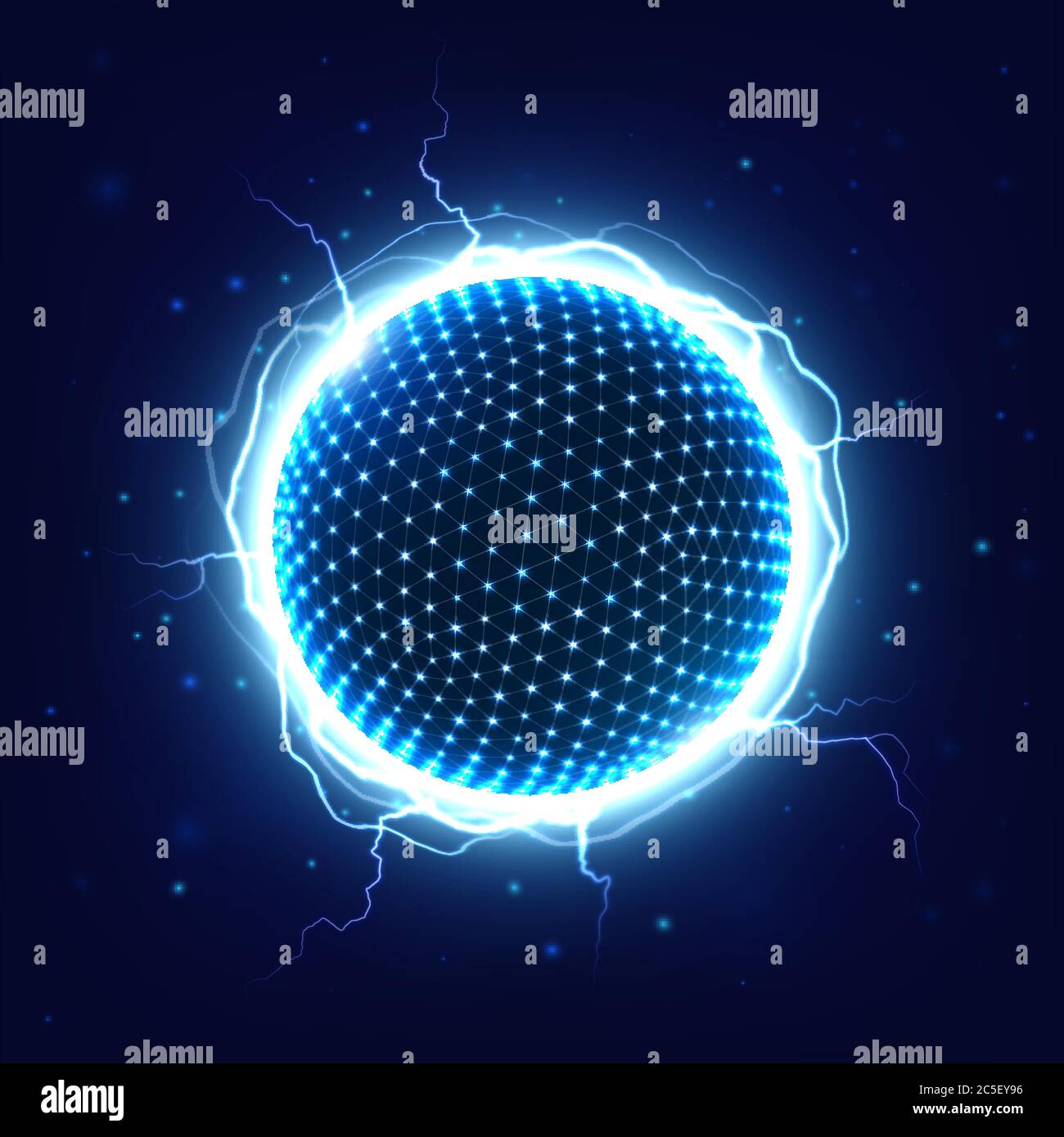 Power energy sphere with electrical thunder shining. Ball with dots surrounded with bright blue lightning Stock Vector