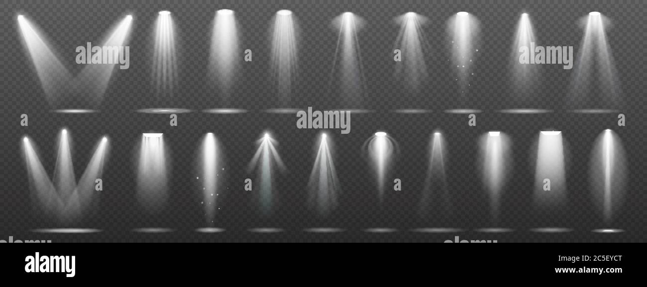 Floodlight or spotlight for stage, scene or podium. White lightning collection set on transparent background Stock Vector