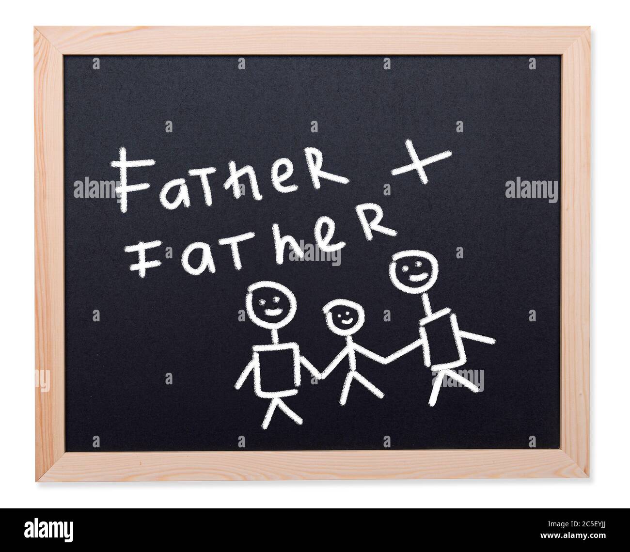 Gay family, two men and child drawn by chalk on black chalkboard, concept picture Stock Photo