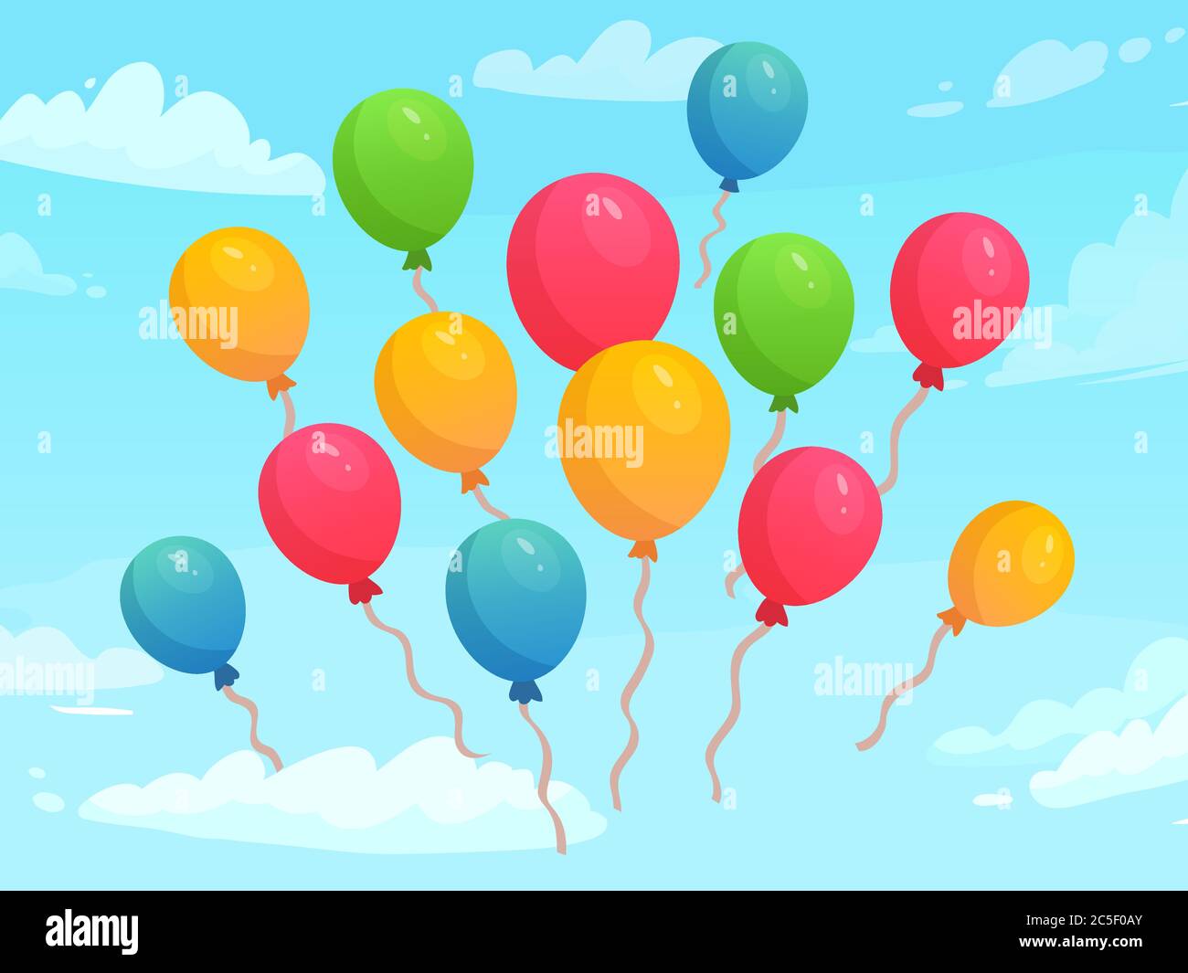 Balloons flying in sky among clouds. Colorful rubber balloons for holiday celebration. Decoration elements Stock Vector