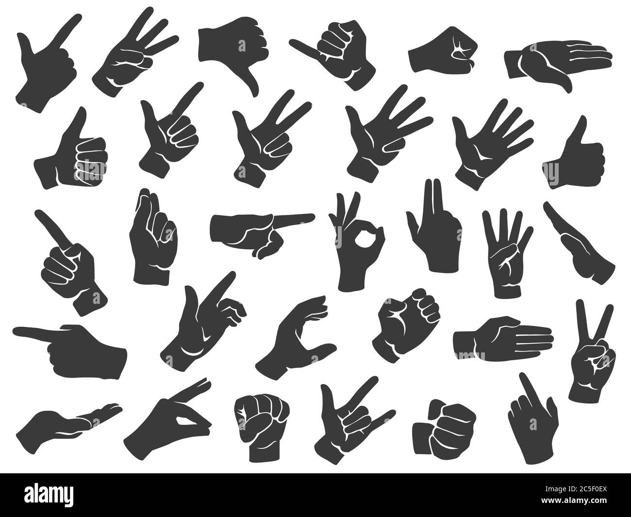 Hand gesture silhouette icons. Man hands gestures, pointing finger and thumbs up like icon stencil vector set Stock Vector