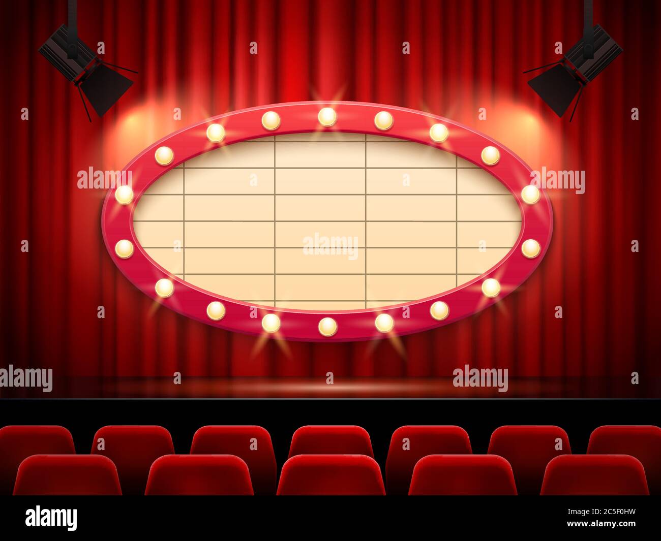 Theater frame illuminated by spotlight. Retro cinema sign with border  decorated with lamps on red curtains Stock Vector Image & Art - Alamy
