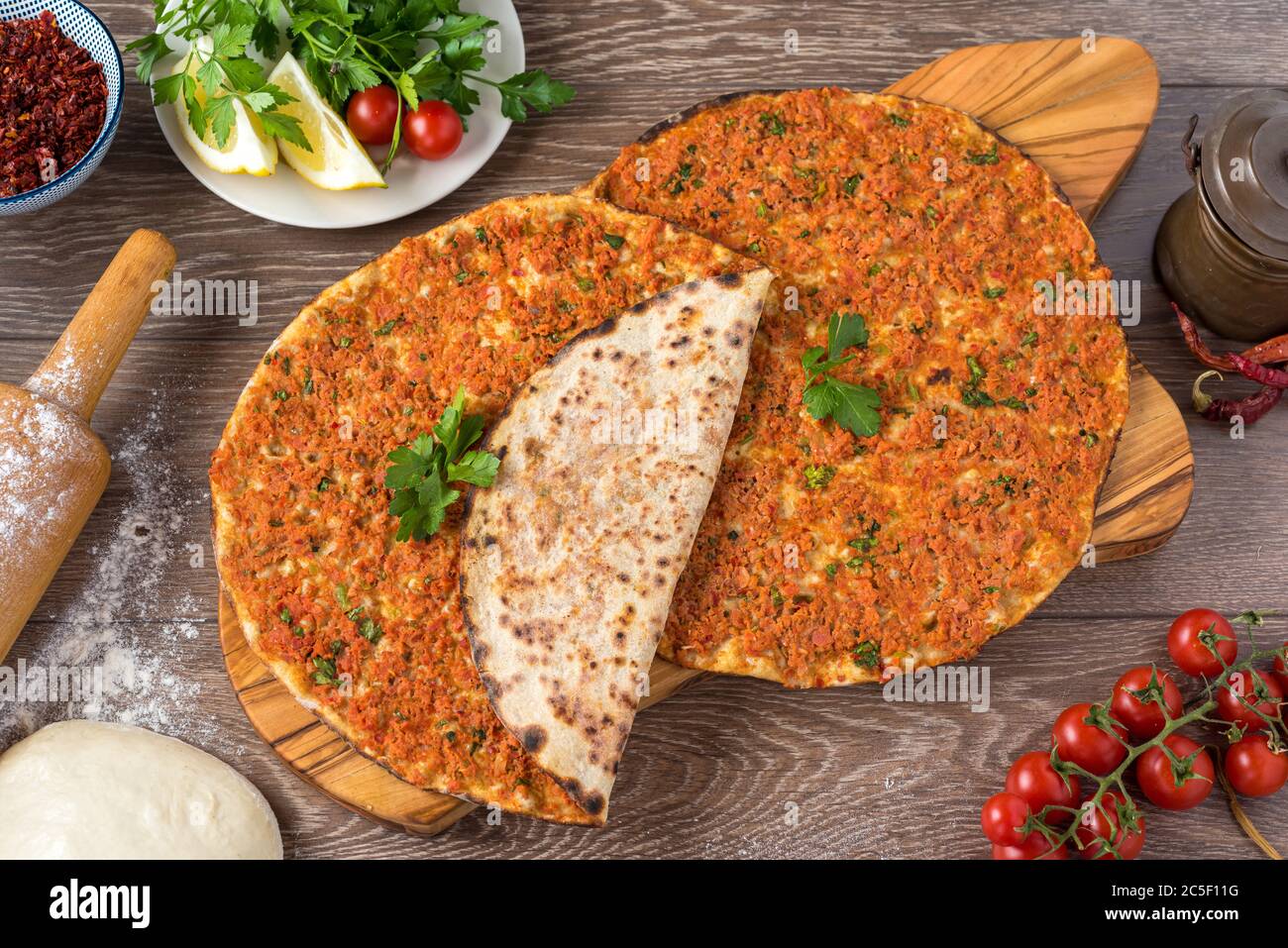 Delicious Turkish Pizza Lahmacun. This Lahmacun is tasty and delicious Stock Photo