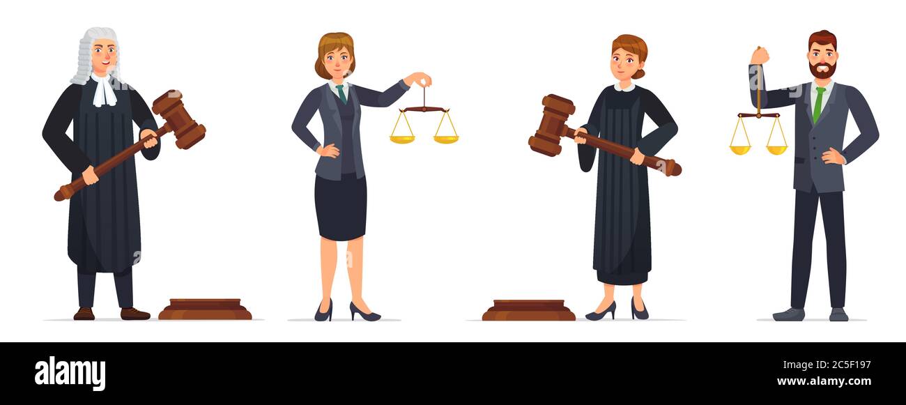 Judges and lawyers. Judge holding hammer and lawyer with scales of justice. Judicial workers, law cartoon vector illustration set Stock Vector