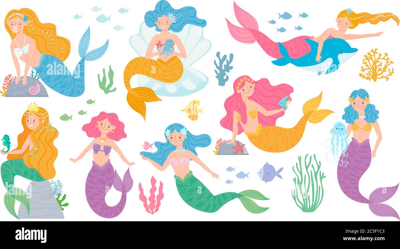 Mermaid. Cute mythical princess, little mermaids and dolphin, seashell and seaweeds, fishes and corals underwater game vector characters Stock Vector